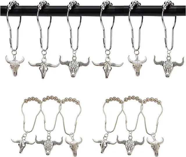 Main image of Cow Shower Curtain Hooks,12 Pcs Bull Skull Western Rustic Bathroom Decor | Rustproof Stainless Steel, Bull Skull Shower Curtain Rings,Western Wildlife Farmhouse Rustic Farm Bathroom Decor