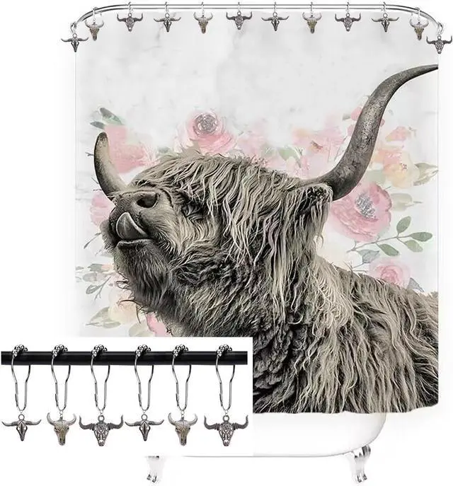 Alt view image 2 of 5 - Cow Shower Curtain Hooks,12 Pcs Bull Skull Western Rustic Bathroom Decor | Rustproof Stainless Steel, Bull Skull Shower Curtain Rings,Western Wildlife Farmhouse Rustic Farm Bathroom Decor