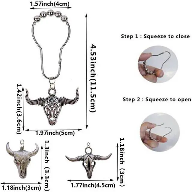 Alt view image 3 of 5 - Cow Shower Curtain Hooks,12 Pcs Bull Skull Western Rustic Bathroom Decor | Rustproof Stainless Steel, Bull Skull Shower Curtain Rings,Western Wildlife Farmhouse Rustic Farm Bathroom Decor