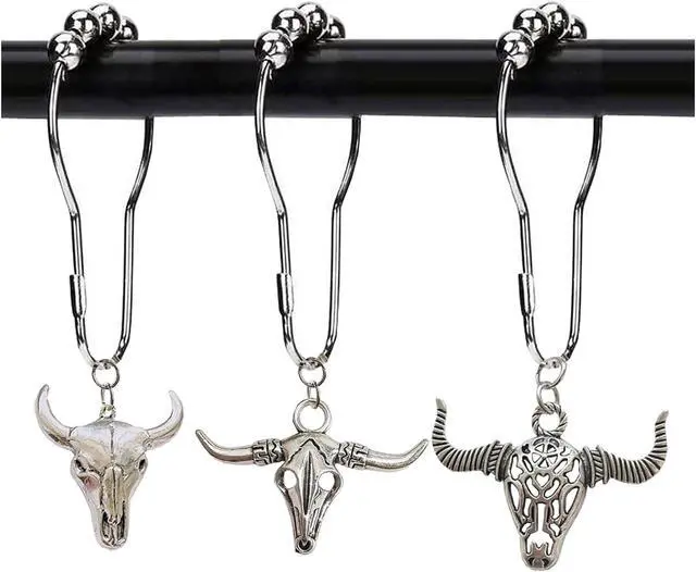 Alt view image 4 of 5 - Cow Shower Curtain Hooks,12 Pcs Bull Skull Western Rustic Bathroom Decor | Rustproof Stainless Steel, Bull Skull Shower Curtain Rings,Western Wildlife Farmhouse Rustic Farm Bathroom Decor