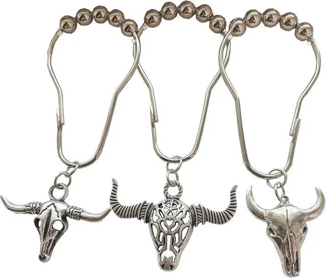Alt view image 5 of 5 - Cow Shower Curtain Hooks,12 Pcs Bull Skull Western Rustic Bathroom Decor | Rustproof Stainless Steel, Bull Skull Shower Curtain Rings,Western Wildlife Farmhouse Rustic Farm Bathroom Decor