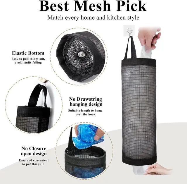 Alt view image 3 of 7 - TOGETRUE Plastic Bag Holder, Grocery Bag Holder Mesh Hanging Storage Bag Dispenser (Black 2 Packs)
