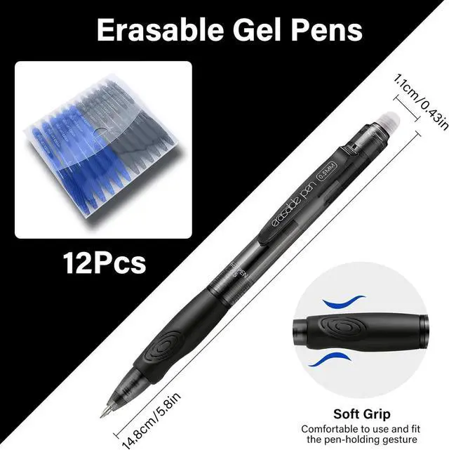 Alt view image 2 of 7 - EUSOAR Erasable Gel Pens, 12 Pack (6 Black & 6 Blue) Erasable Pen 0.5mm Comfortable Grip, Dry Erase Pens Clicker Fine Point for Office Planner Scheduling Appointments Sketching