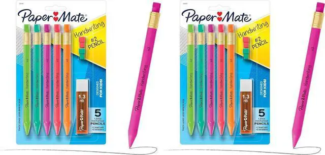 Main image of Paper Mate Handwriting Triangular Mechanical Pencil Set with Lead & Eraser Refills, 1.3mm, School Supplies, Office Supplies, Sketching Pencils, Drafting Pencil, Fun Barrel Colors, 8 Count (Pack of 2)