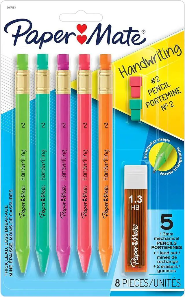 Alt view image 2 of 7 - Paper Mate Handwriting Triangular Mechanical Pencil Set with Lead & Eraser Refills, 1.3mm, School Supplies, Office Supplies, Sketching Pencils, Drafting Pencil, Fun Barrel Colors, 8 Count (Pack of 2)