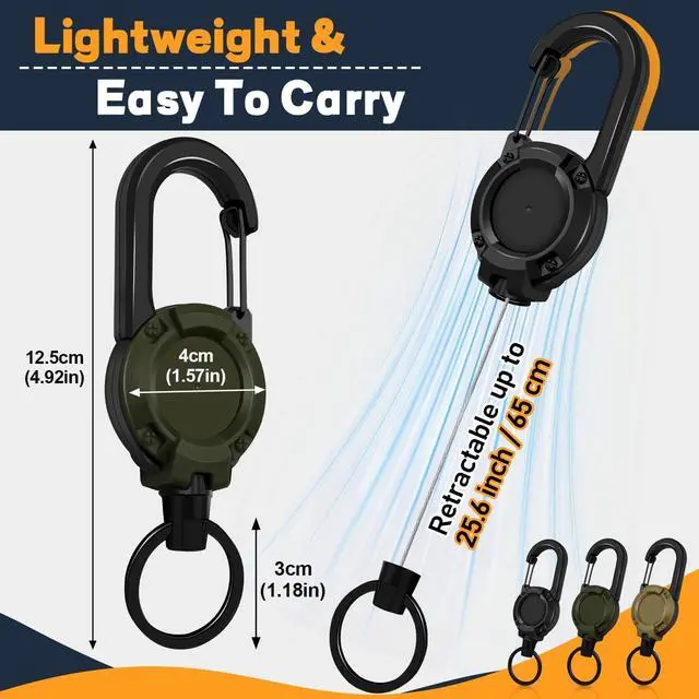 Alt view image 6 of 7 - Retractable Keychain 3 Pack, Heavy Duty ID Badge Holder Reel, Multitool Carabine Key Holder for Keychain, Badge Holder with 25.6" Steel Retractable Cord Key Ring Clip, 8.8 oz