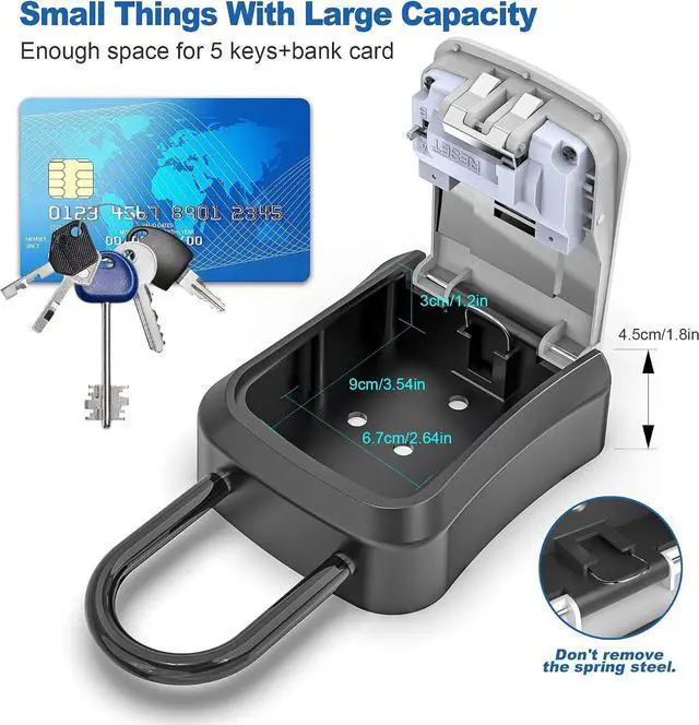 Alt view image 2 of 6 - Key Lock Box for Outside, Portable Waterproof Wall Mounted Changeable 4-Digit Combination Key Storage Lockbox, 5 Keys Capacity Key (With Shackles)
