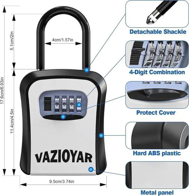 Alt view image 3 of 6 - Key Lock Box for Outside, Portable Waterproof Wall Mounted Changeable 4-Digit Combination Key Storage Lockbox, 5 Keys Capacity Key (With Shackles)