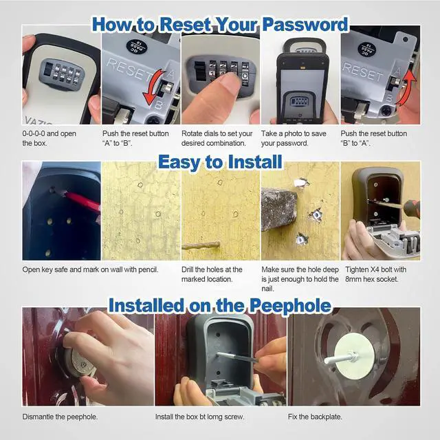 Alt view image 6 of 6 - Key Lock Box for Outside, Portable Waterproof Wall Mounted Changeable 4-Digit Combination Key Storage Lockbox, 5 Keys Capacity Key (With Shackles)