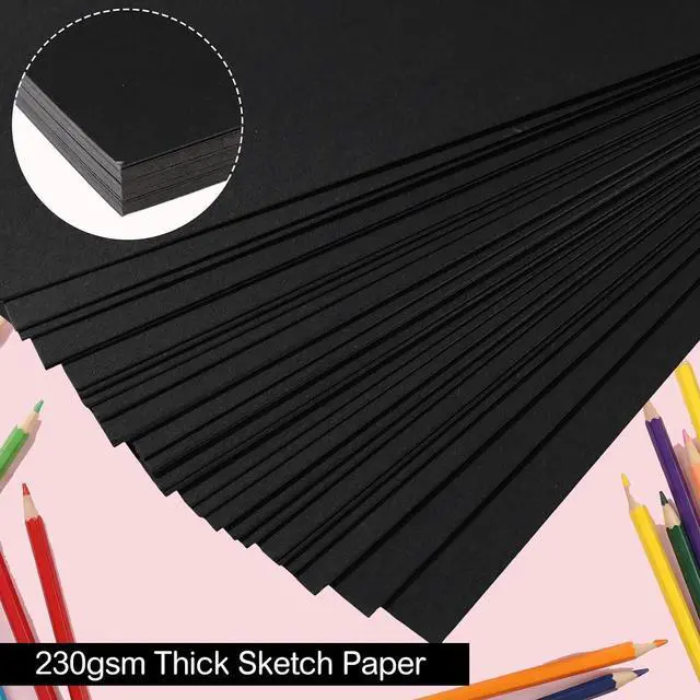 Alt view image 5 of 7 - Black Cardstock Paper Pad, 30 Sheets, 230Gsm, 8.3 x 11.7 in | Heavyweight Black Art Paper For Colored Pencils, Chalk, Gel Pens, Diy Crafts, Invitations, Sketches And Drawing