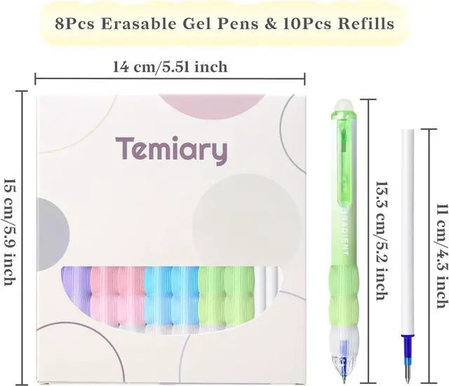 Alt view image 2 of 7 - Temiary Retractable Erasable Gel Pens, 8 Pens & 10 Refills, Blue Ink | Cute Pen with Eraser, 0.5 mm Fine Point, Aesthetic Pens for Writing Drawing Crossword Puzzles