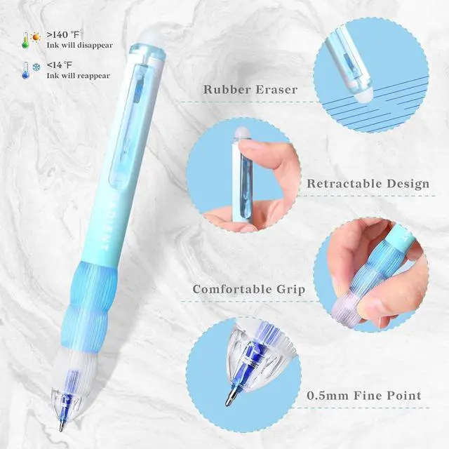Alt view image 4 of 7 - Temiary Retractable Erasable Gel Pens, 8 Pens & 10 Refills, Blue Ink | Cute Pen with Eraser, 0.5 mm Fine Point, Aesthetic Pens for Writing Drawing Crossword Puzzles