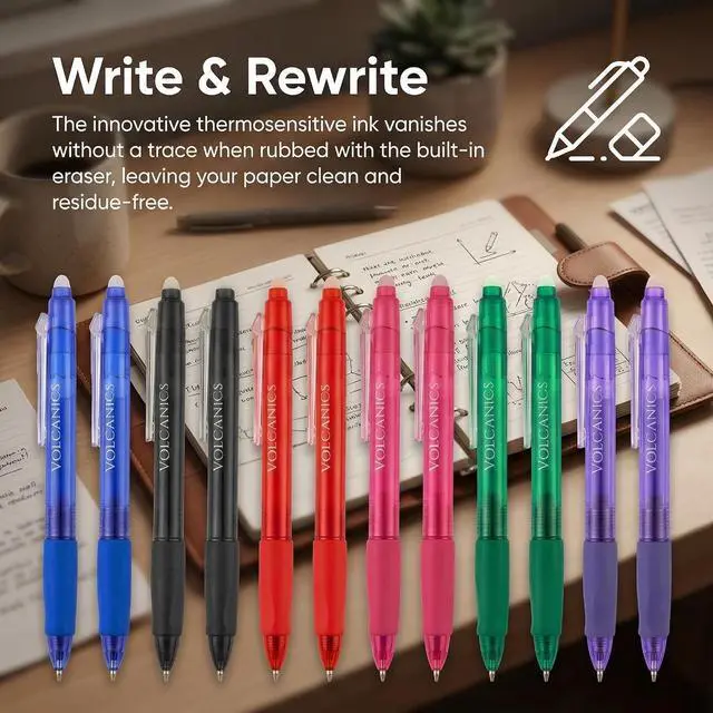 Alt view image 2 of 7 - Volcanics Clicker Erasable Gel Pens, 12 Pack, 6 Colors | 0.7mm Fine Point