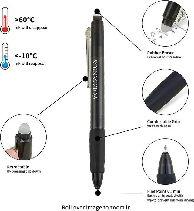 Alt view image 6 of 7 - Volcanics Retractable Erasable Gel Pens, Soft Black, 0.7mm, 12 Pack | Click Erasable Gel Ink Pens With Refillable Design, Smooth Writing And Easy Erasing For School, Office Supplies And Daily Use