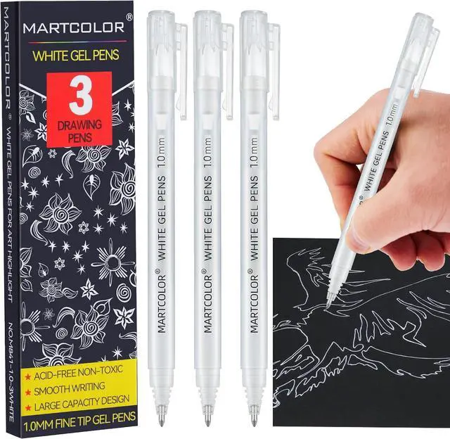 Main image of MARTCOLOR White Gel Pens, 3 Pack 1.0mm Extra Fine Point White Gel ink Pens | Opaque Archival Ink Pen for Black Paper Drawing, Art Highlight, Illustration, Bullet Journaling, Card Making & DIY Projects