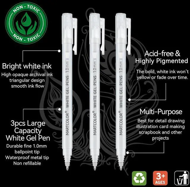 Alt view image 2 of 7 - MARTCOLOR White Gel Pens, 3 Pack 1.0mm Extra Fine Point White Gel ink Pens | Opaque Archival Ink Pen for Black Paper Drawing, Art Highlight, Illustration, Bullet Journaling, Card Making & DIY Projects