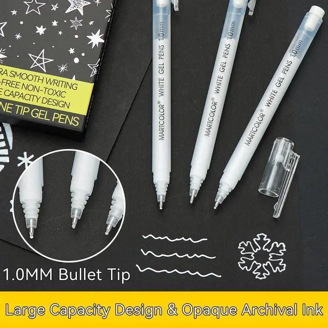 Alt view image 3 of 7 - MARTCOLOR White Gel Pens, 3 Pack 1.0mm Extra Fine Point White Gel ink Pens | Opaque Archival Ink Pen for Black Paper Drawing, Art Highlight, Illustration, Bullet Journaling, Card Making & DIY Projects