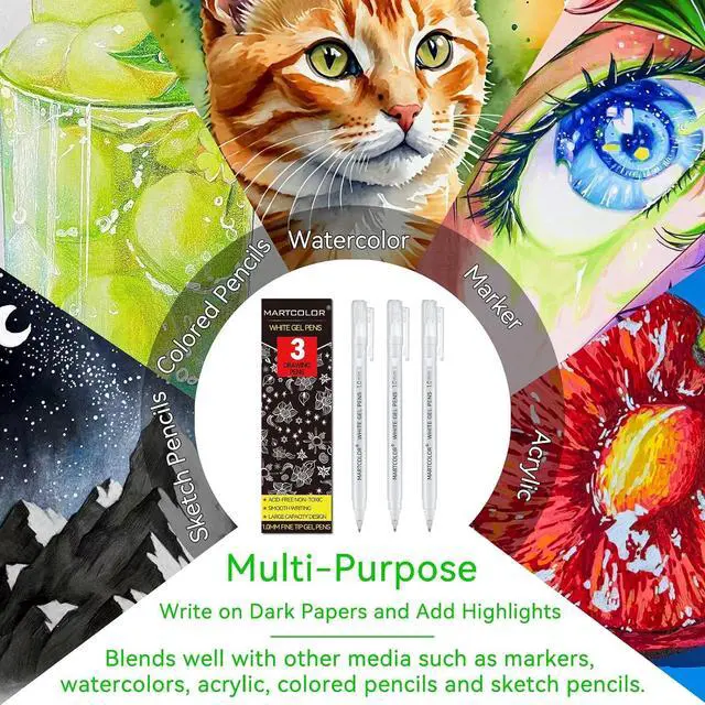 Alt view image 6 of 7 - MARTCOLOR White Gel Pens, 3 Pack 1.0mm Extra Fine Point White Gel ink Pens | Opaque Archival Ink Pen for Black Paper Drawing, Art Highlight, Illustration, Bullet Journaling, Card Making & DIY Projects