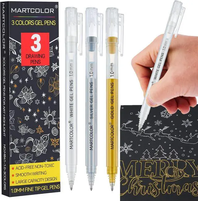 Main image of MARTCOLOR Gold Silver White Gel Pens, 3 Pack 1.0mm Fine Point Gel ink Pens | Opaque Archival Ink Pen for Black Paper Drawing, Art Highlight, Illustration, Bullet Journaling, Card Making & DIY Projects