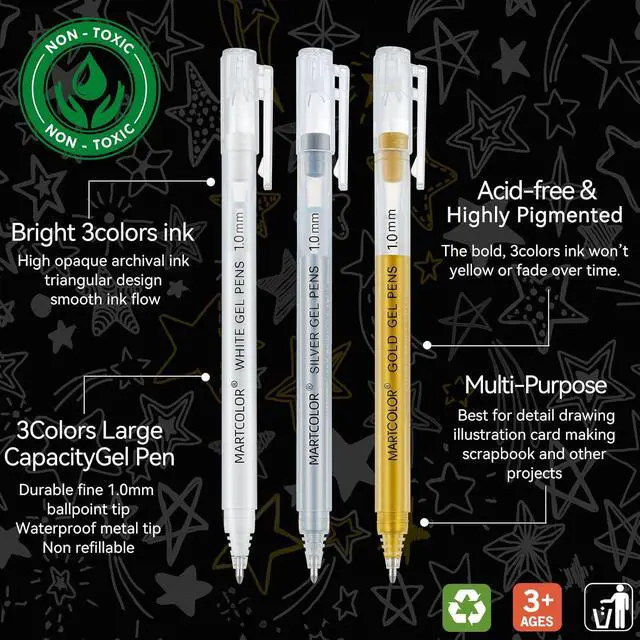 Alt view image 2 of 7 - MARTCOLOR Gold Silver White Gel Pens, 3 Pack 1.0mm Fine Point Gel ink Pens | Opaque Archival Ink Pen for Black Paper Drawing, Art Highlight, Illustration, Bullet Journaling, Card Making & DIY Projects