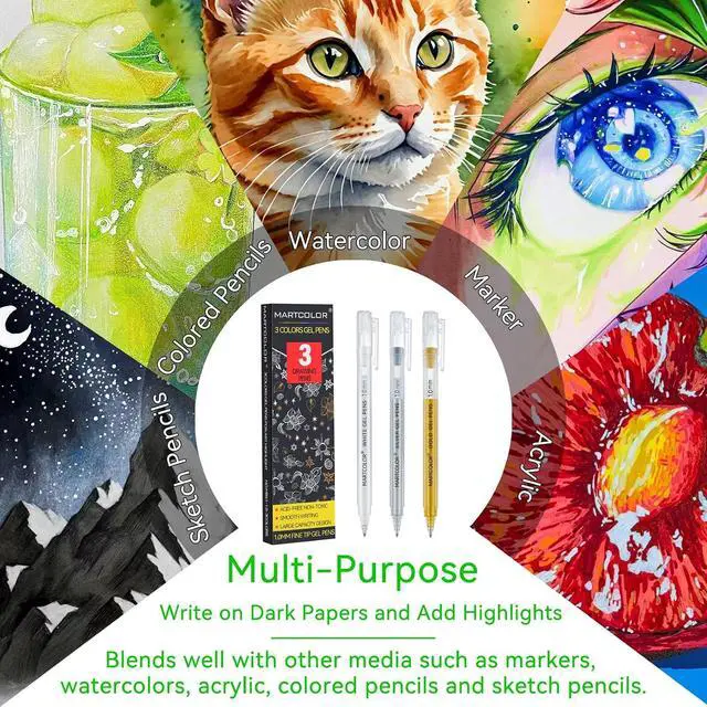 Alt view image 6 of 7 - MARTCOLOR Gold Silver White Gel Pens, 3 Pack 1.0mm Fine Point Gel ink Pens | Opaque Archival Ink Pen for Black Paper Drawing, Art Highlight, Illustration, Bullet Journaling, Card Making & DIY Projects