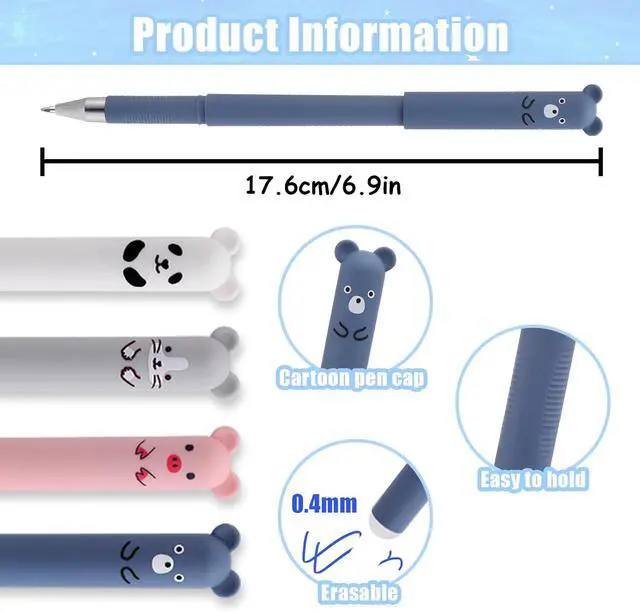 Alt view image 2 of 7 - 0.4mm Erasable Gel Pens,12 Pack Cute Cartoon Animal Rollerball Gel Ink Pens Refillable Pens for Adult Writing Kids Calligraphy Note Taking (12 Blue Ink)