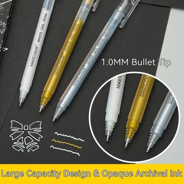 Alt view image 3 of 7 - MARTCOLOR Gold Silver White Gel Pens, 3 Pack 1.0mm Fine Point Gel ink Pens | Opaque Archival Ink Pen for Black Paper Drawing, Art Highlight, Illustration, Bullet Journaling, Card Making & DIY Projects