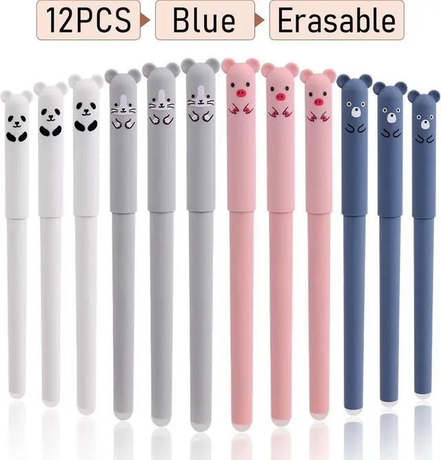 Alt view image 6 of 7 - 0.4mm Erasable Gel Pens,12 Pack Cute Cartoon Animal Rollerball Gel Ink Pens Refillable Pens for Adult Writing Kids Calligraphy Note Taking (12 Blue Ink)