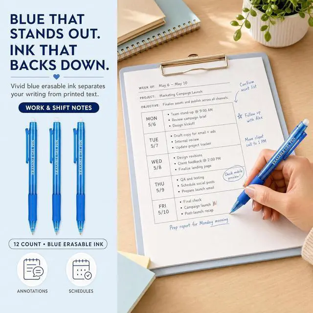 Alt view image 2 of 7 - Blue and Black Erasable Gel Pens, 12 Pack Retractable Erasable Pens, 0.7mm Fine Point Quick Dry Ink, Clicker Pens for Note Taking, Work Notes, Planners, School Office Supplies