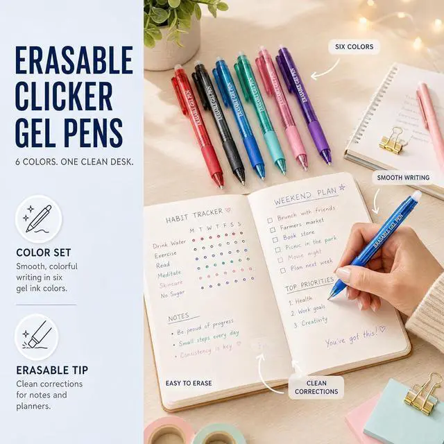 Alt view image 3 of 7 - Blue and Black Erasable Gel Pens, 12 Pack Retractable Erasable Pens, 0.7mm Fine Point Quick Dry Ink, Clicker Pens for Note Taking, Work Notes, Planners, School Office Supplies
