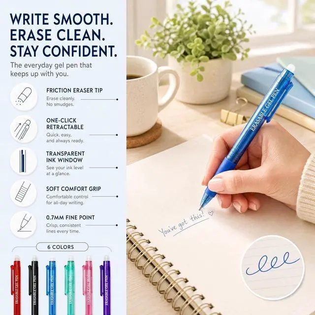 Alt view image 4 of 7 - Blue and Black Erasable Gel Pens, 12 Pack Retractable Erasable Pens, 0.7mm Fine Point Quick Dry Ink, Clicker Pens for Note Taking, Work Notes, Planners, School Office Supplies