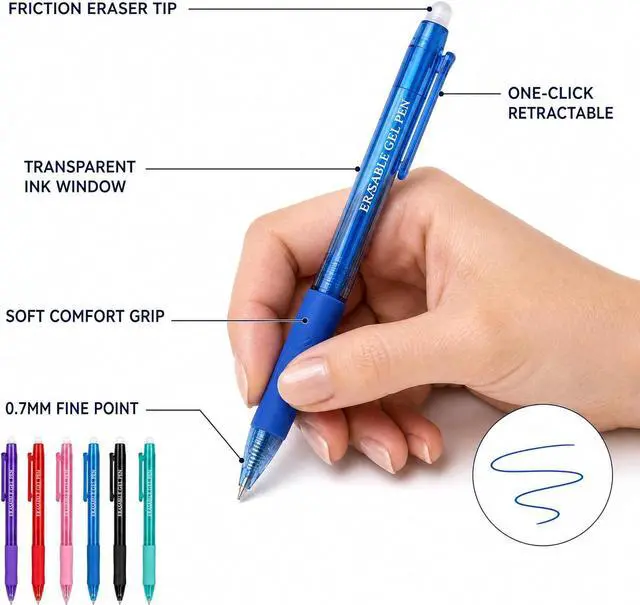 Alt view image 6 of 7 - Blue and Black Erasable Gel Pens, 12 Pack Retractable Erasable Pens, 0.7mm Fine Point Quick Dry Ink, Clicker Pens for Note Taking, Work Notes, Planners, School Office Supplies