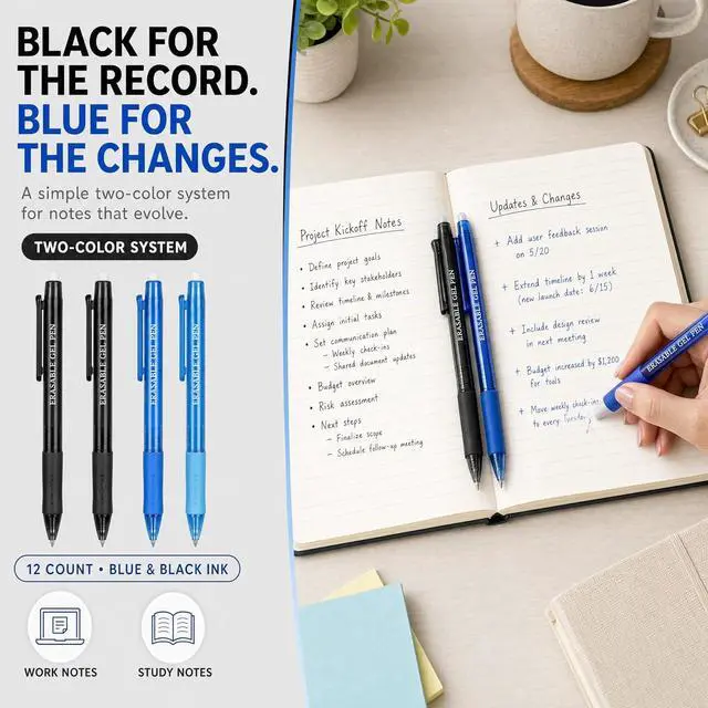Alt view image 7 of 7 - Blue and Black Erasable Gel Pens, 12 Pack Retractable Erasable Pens, 0.7mm Fine Point Quick Dry Ink, Clicker Pens for Note Taking, Work Notes, Planners, School Office Supplies