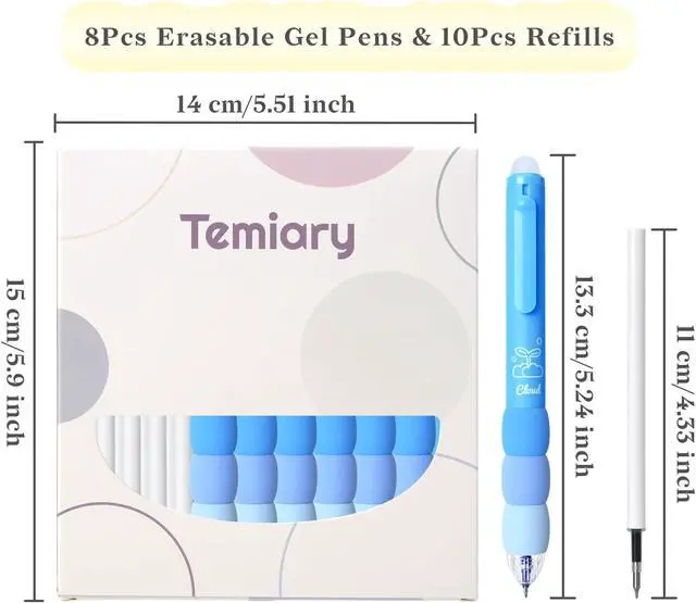 Alt view image 2 of 7 - Temiary 18Pcs Erasable Gel Pens Black & Blue Ink, 8 Pens &10Refills, Blue | Pens & Refills, Cartoon Smooth Writing Pen, 0.5 mm Black & Blue Ink Pen, Office School Pen Supplies