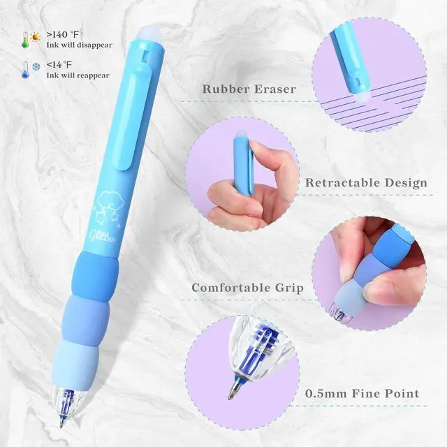 Alt view image 3 of 7 - Temiary 18Pcs Erasable Gel Pens Black & Blue Ink, 8 Pens &10Refills, Blue | Pens & Refills, Cartoon Smooth Writing Pen, 0.5 mm Black & Blue Ink Pen, Office School Pen Supplies