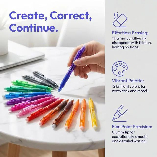 Alt view image 5 of 7 - 12Pcs Colored Erasable Gel Pens, Fine Point 0.5 mm (Multicolor) | Quick-Drying, Comfort Grip Writing Pens for School, Office, Exams