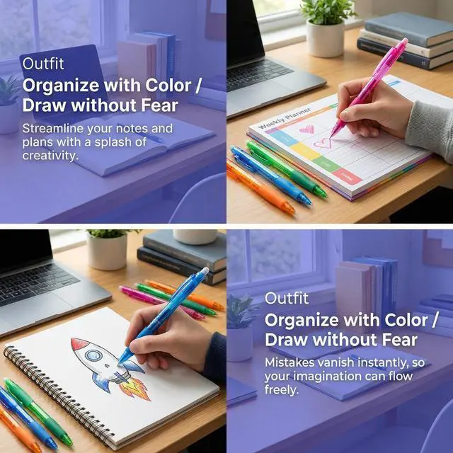 Alt view image 6 of 7 - 12Pcs Colored Erasable Gel Pens, Fine Point 0.5 mm (Multicolor) | Quick-Drying, Comfort Grip Writing Pens for School, Office, Exams