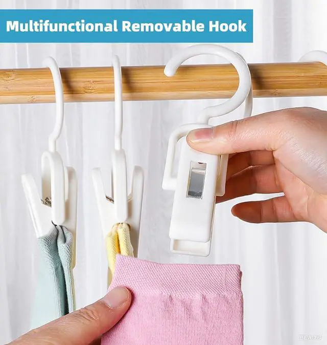 Alt view image 3 of 6 - 10PCS Laundry Hooks with Clips Super Strong Plastic Home Travel Hanger | Closet Organizer Clamps Socks Boot Bras Towels for Bathroom Wardrobe Kitchen Office, (White)