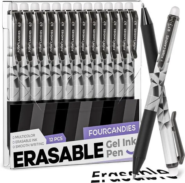 Main image of Four Candies Black Erasable Pens, 0.7 mm Fine Point Pens, 12 Pack | Make Mistakes Disappear, Erasable Pens Black, Retractable Erasable Pens for School, Journaling & Office Writing