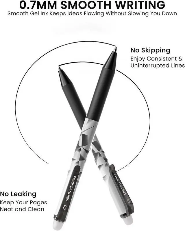 Alt view image 4 of 7 - Four Candies Black Erasable Pens, 0.7 mm Fine Point Pens, 12 Pack | Make Mistakes Disappear, Erasable Pens Black, Retractable Erasable Pens for School, Journaling & Office Writing