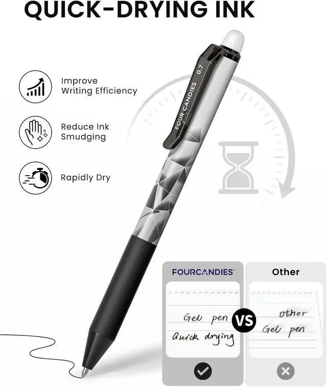 Alt view image 5 of 7 - Four Candies Black Erasable Pens, 0.7 mm Fine Point Pens, 12 Pack | Make Mistakes Disappear, Erasable Pens Black, Retractable Erasable Pens for School, Journaling & Office Writing