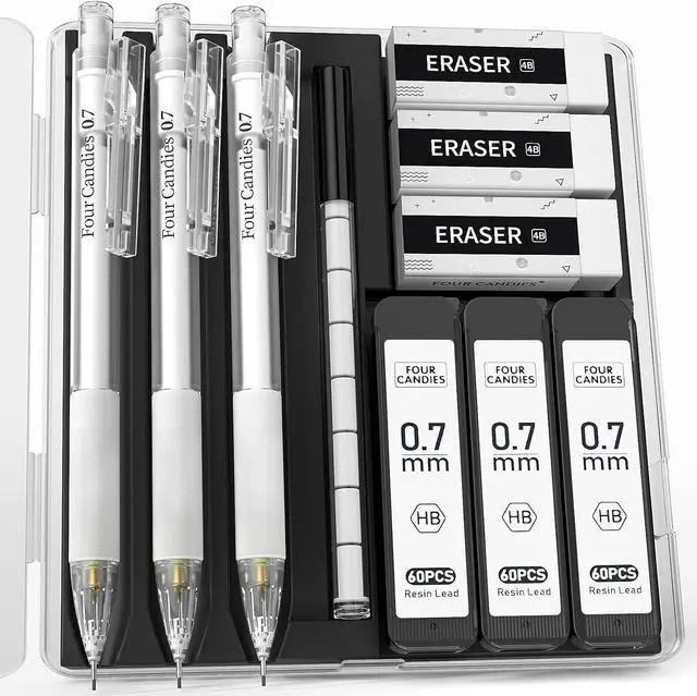 Main image of Four Candies Cute Mechanical Pencil Set with Case - 3PCS Pencils 0.7mm with 180PCS HB Lead Refills, 3PCS Erasers, 9PCS Eraser Refills, White Clear Mechanical Pencil for Students Drawing, Writing