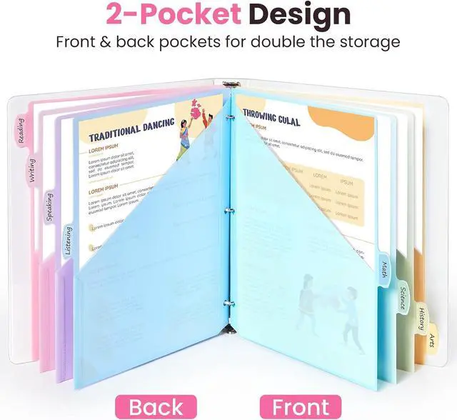 Alt view image 3 of 7 - Sooez 8-Tab Binder Dividers with Two Pockets, 8 Tabs Dividers for 3 Ring Binder Organizers, 3-Hole Plastic Sheets Protectors for US Letter Size, School, College, Office Supplies, Pastels, Set of 1