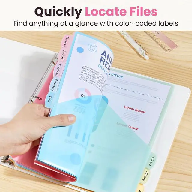 Alt view image 6 of 7 - Sooez 8-Tab Binder Dividers with Two Pockets, 8 Tabs Dividers for 3 Ring Binder Organizers, 3-Hole Plastic Sheets Protectors for US Letter Size, School, College, Office Supplies, Pastels, Set of 1