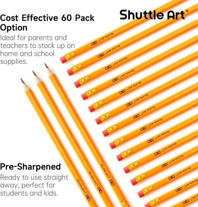 Alt view image 2 of 7 - Shuttle Art 60 Pack Pencils, #2 HB, Pre-sharpened Pencils with Top Erasers, Premium Woodcased Yellow Pencil Bulk for Classroom & School Supplies, Writing and Drawing