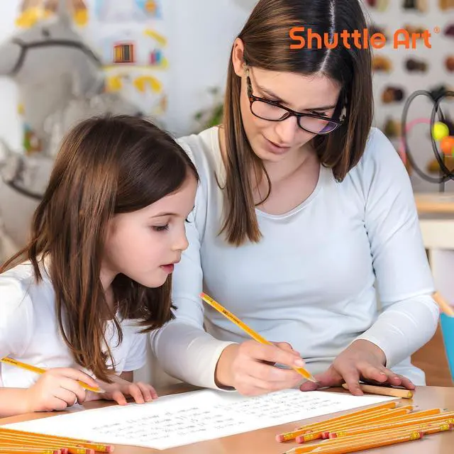 Alt view image 6 of 7 - Shuttle Art 60 Pack Pencils, #2 HB, Pre-sharpened Pencils with Top Erasers, Premium Woodcased Yellow Pencil Bulk for Classroom & School Supplies, Writing and Drawing