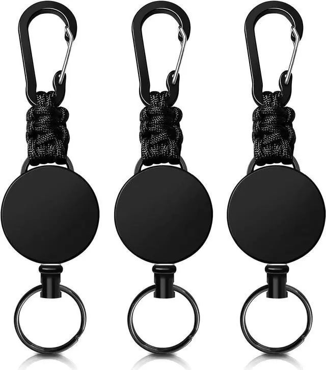 Main image of Retractable Keychain 3 Pack Heavy Duty Carabiner Badge Holder Extendable Reel ID Badge Holders Retractable for Keys Ring with 60 cm Steel Cord and Lanyard (Black)