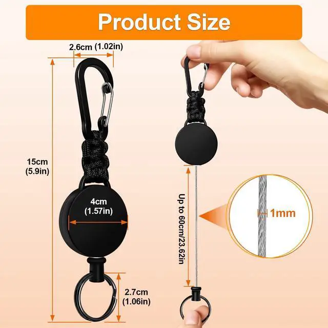 Alt view image 3 of 7 - Retractable Keychain 3 Pack Heavy Duty Carabiner Badge Holder Extendable Reel ID Badge Holders Retractable for Keys Ring with 60 cm Steel Cord and Lanyard (Black)