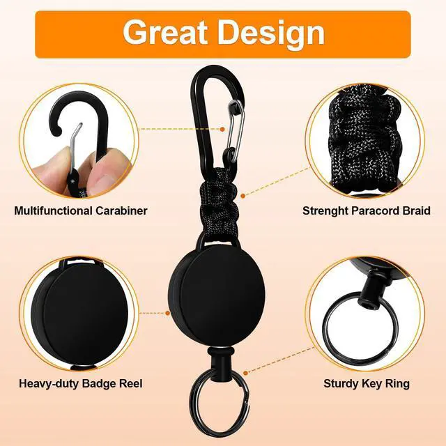 Alt view image 4 of 7 - Retractable Keychain 3 Pack Heavy Duty Carabiner Badge Holder Extendable Reel ID Badge Holders Retractable for Keys Ring with 60 cm Steel Cord and Lanyard (Black)