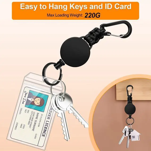 Alt view image 5 of 7 - Retractable Keychain 3 Pack Heavy Duty Carabiner Badge Holder Extendable Reel ID Badge Holders Retractable for Keys Ring with 60 cm Steel Cord and Lanyard (Black)